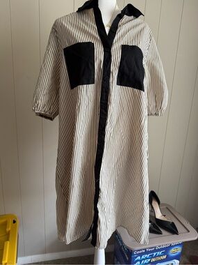 Striped Black & White Button-Front Shirt Dress size L